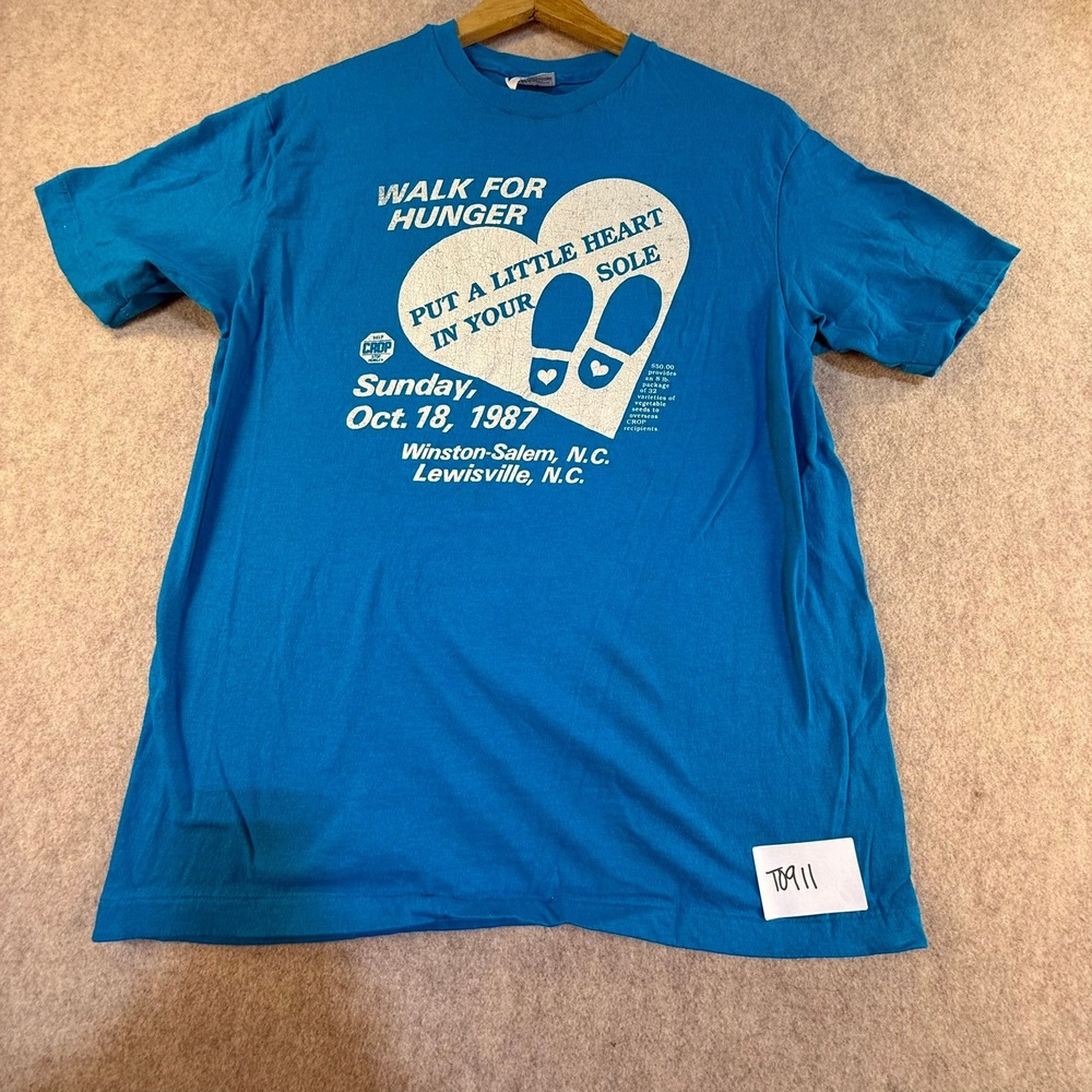 VTG 1987 Walk For Hunger T‎ Shirt Hanes Single Stitch Blue Large Winston-Salem